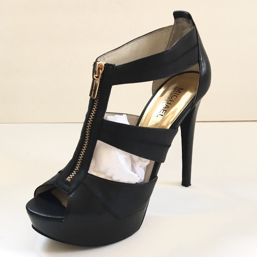 Black leather Michael Kors open toe heels